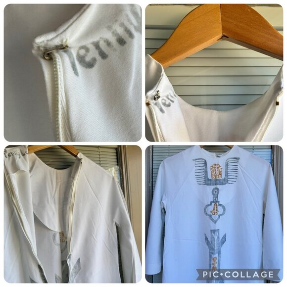 Maxi Dress Cultural Ethnic Native Print 3/4 Sleeves White Gray Back Zip Vtg 60s - Picture 3 of 16